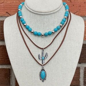 Saguaro Cactus & Turquoise Pendant Necklace Set with Faux Leather